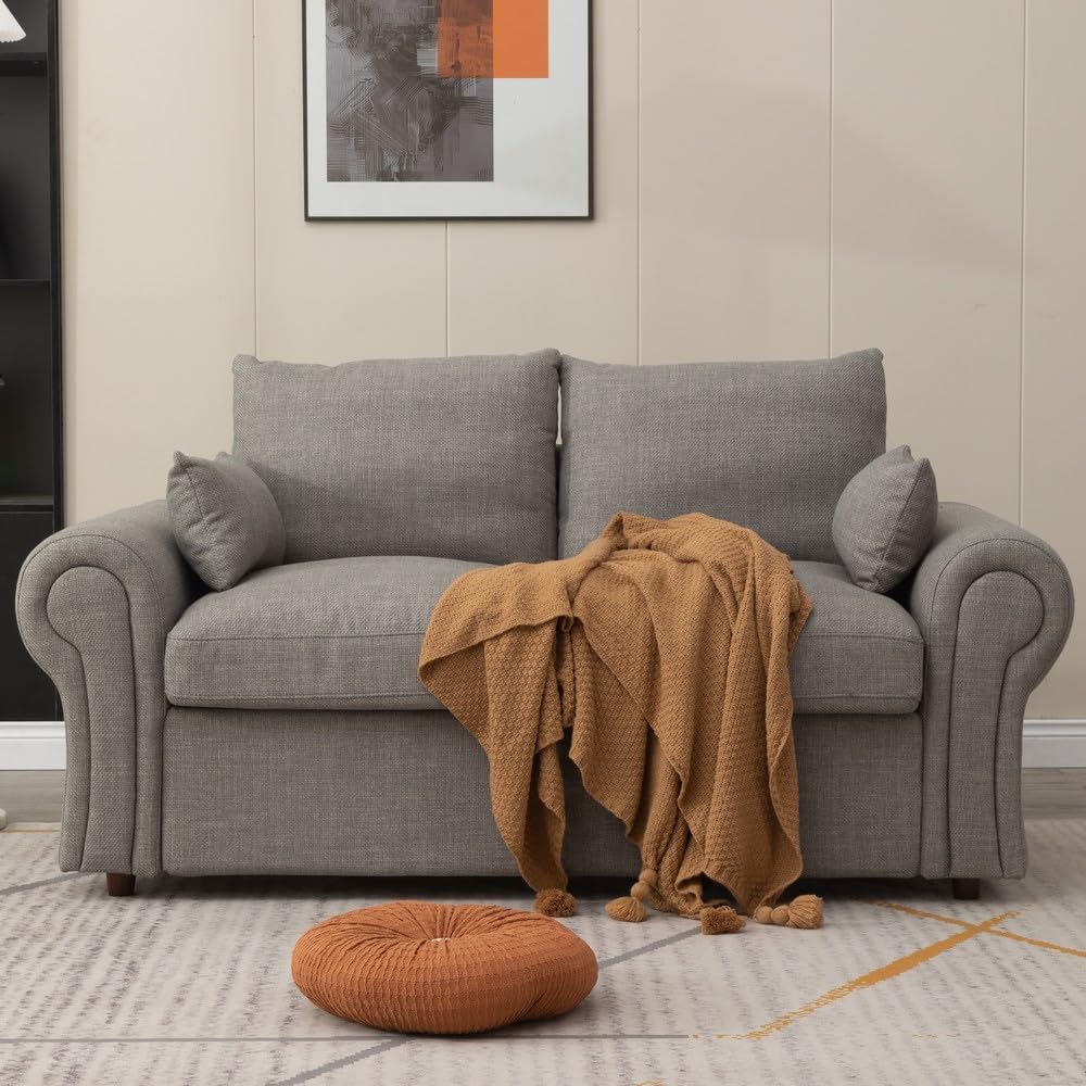 Panana Modern 2 Seater Loveseat Sofa Couch with Storage, Dark Grey or Light Color, Choice of Curved, Sock or Track Arm Design (Light Gray, 2 Seater - Scroll Arms) Panana