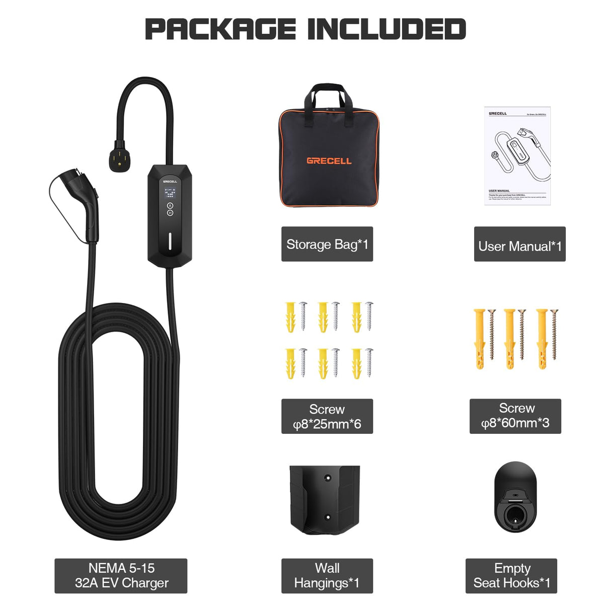 Portable EV Charger Level 2, ETL Certified 32A 240V NEMA 14-50 Electric Vehicle Charger, 7.4KW Level 2 Car Charger for J1772 with 25FT Adjustable Current and Reserve Charging Time for Home & Travel GRECELL