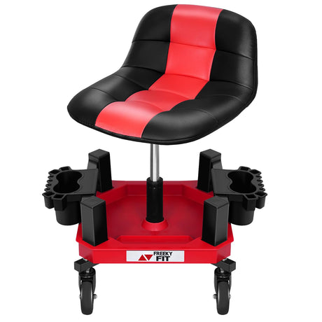 FreekyFit Rolling Shop Stool with Wheels, Adjustable Garage Mechanic Stool Seat Shop Roller Work Chair Mobile Rolling Seat with Tool Tray, 2 Cup Holders, 4" Casters, 350 LBS, Heavy-Duty, Red FreekyFit
