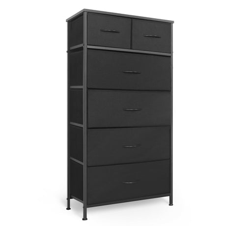 Mifuro Tall Dresser for Bedroom, Vertical Storage Organizer Tower with 6 Drawers, Chest of Drawers with Fabric Bins, Steel Frame, Wood Top for Bedroom, Closet, Entryway- Black Mifuro