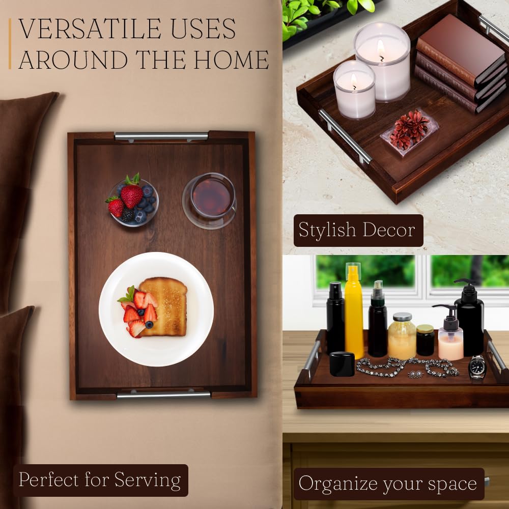 Swyftee Serving Tray with Handles – 17 x 12 x 2 Inch Dark Brown Acacia Wood Ottoman Tray Table Trays Decorative – Coffee Tray Wood Decor for Kitchen – Breakfast in Bed Tray with Silver Metal Handles Swyftee