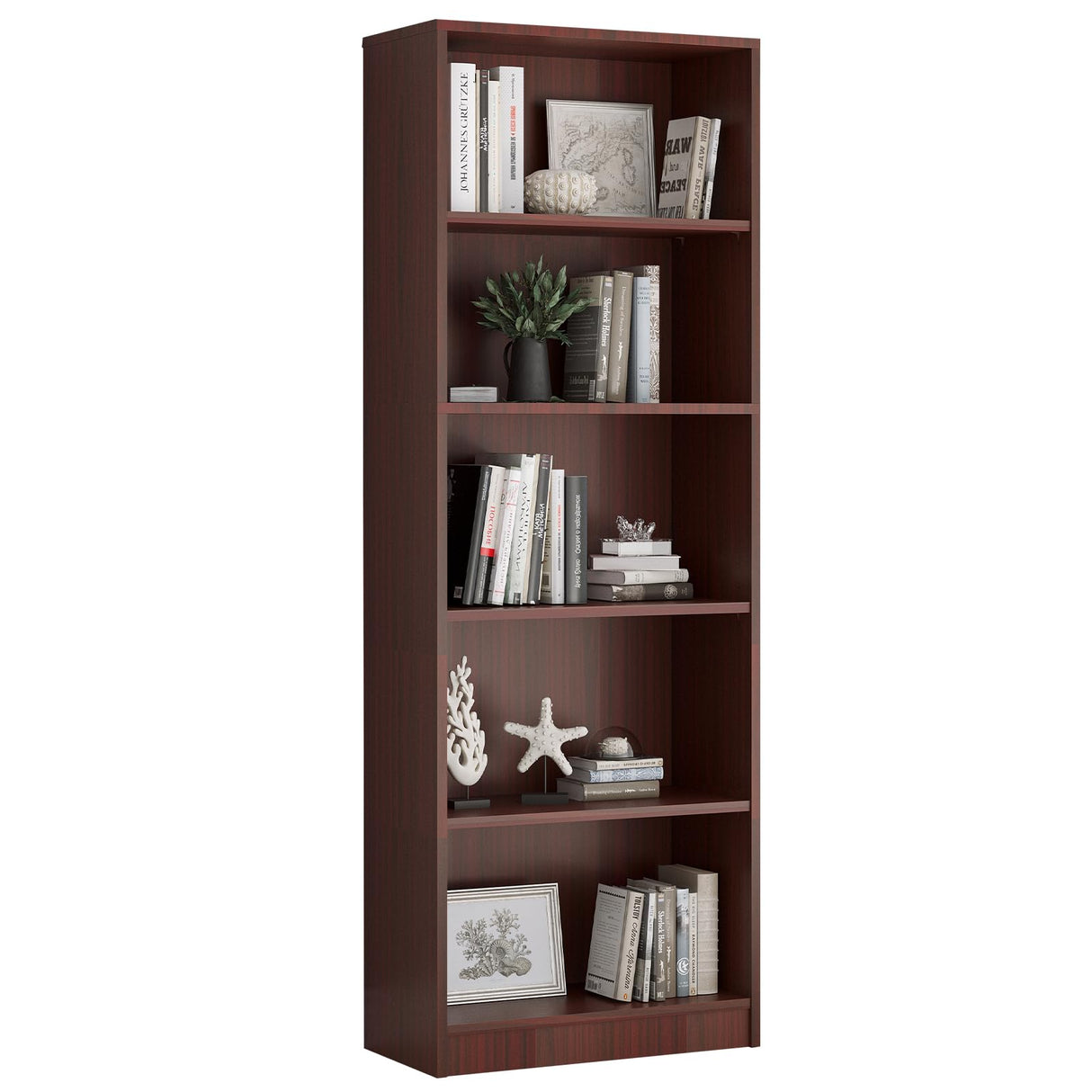 Farini Bookcase Freestanding 5 Shelf Wood Bookshelf Adjustable Shelves for Home Office,5 Layer, Mahogany Farini