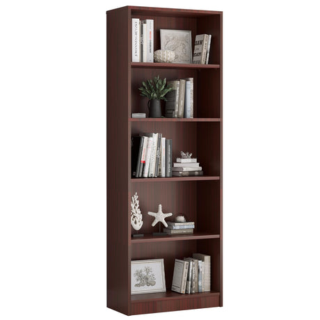 Farini Bookcase Freestanding 5 Shelf Wood Bookshelf Adjustable Shelves for Home Office,5 Layer, Mahogany Farini