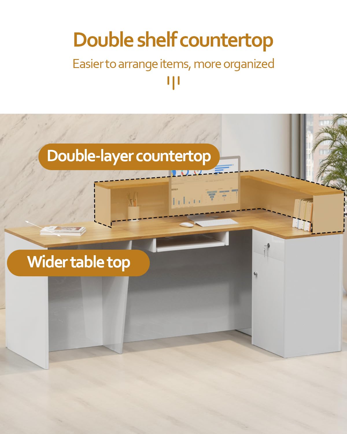 Modern Reception Desk, Solid Wood Reception Desk with Counter, Check Out Stand with Lockable Drawer & Cabinet, Retail Checkout Counter for Office, Store, Beauty Salon (L-Shaped-Long Grille-R, 63in) Gguileb