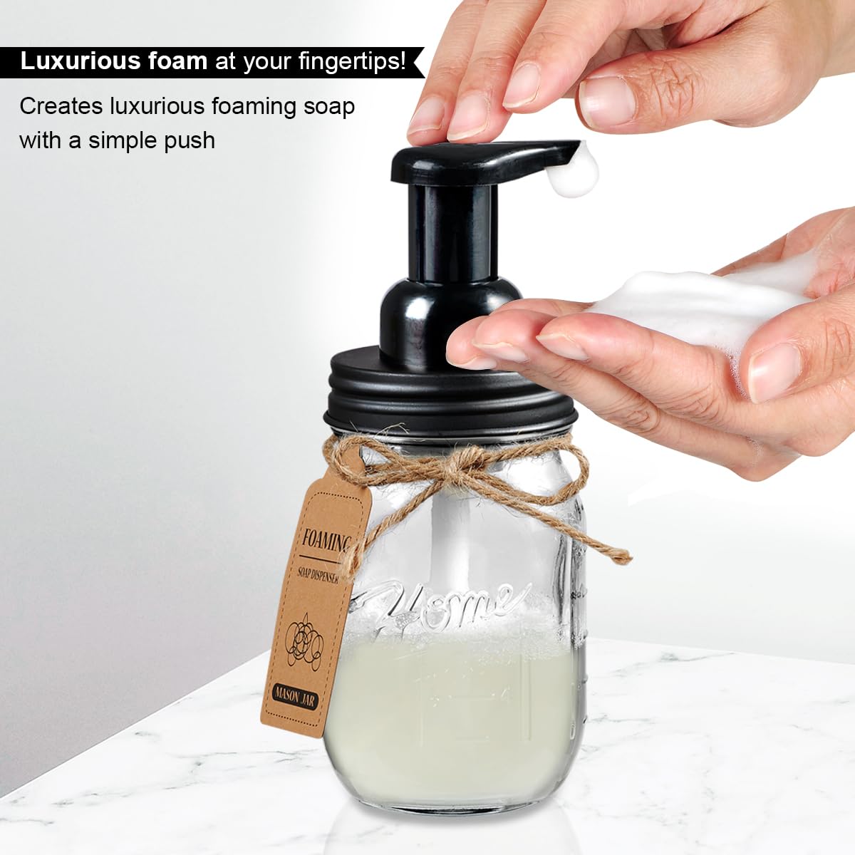 SheeChung Bathroom Accessories Set - Mason Jar Foaming Hand Soap Dispenser, Qtip Holder Set, Rustic Farmhouse Decor, Apothecary Jars, Bathroom Countertop Organizer - Black SheeChung