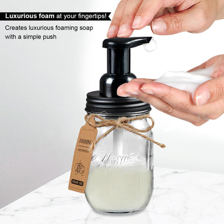 SheeChung Bathroom Accessories Set - Mason Jar Foaming Hand Soap Dispenser, Qtip Holder Set, Rustic Farmhouse Decor, Apothecary Jars, Bathroom Countertop Organizer - Black SheeChung