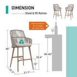 Patiorama Outdoor Bar Stools Set of 4, 46" Counter Height Bar Stools Chair w/Arm and Woven Rope Back, Rattan Bar Stool, Patio Metal Modern Wicker Bar Chairs for Kitchen Island,Pool, Wood Grain Finish Patiorama