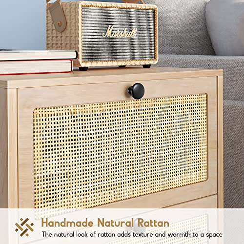 XIAO WEI Rattan Nightstand Set of 2 with Handmade Natural Rattan Drawers, Bedside Tables, End Table, Rattan Side Table, Boho Wood Nightstand, for Bedroom, Living Room, Metal Legs