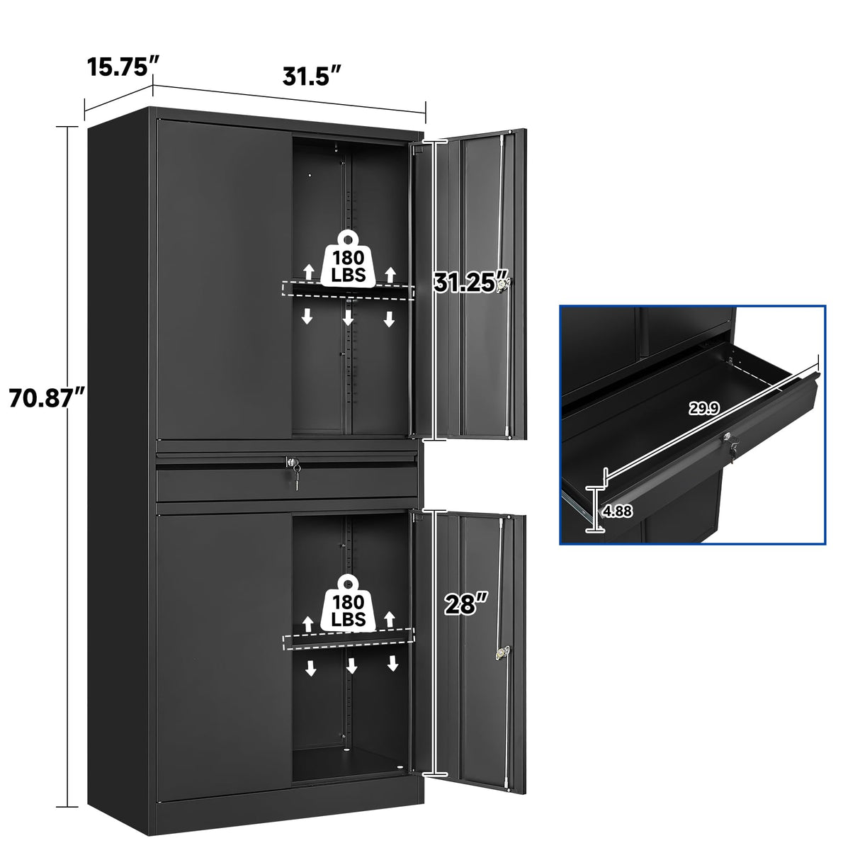 BYNSOE Metal Storage Cabinet with Locking Metal Garage Cabinet with Adjustable Shelves Tool Storage Cabinet with 1drawer Steel Locker Cabinet for Home Garage (Black-71 0 Caster) BYNSOE