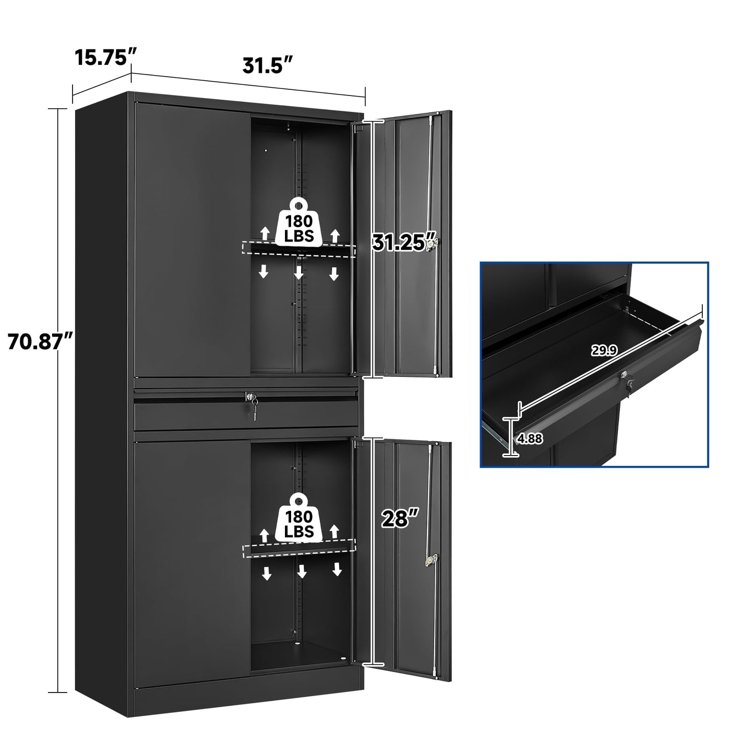 BYNSOE Metal Storage Cabinet with Locking Metal Garage Cabinet with Adjustable Shelves Tool Storage Cabinet with 1drawer Steel Locker Cabinet for Home Garage (Black-71 0 Caster)