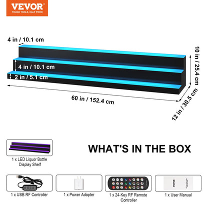 VEVOR LED Lighted Liquor Bottle Display Shelf, 3 Tiers 60 Inches, Supports USB, Illuminated Home Bar Shelf with RF Remote & App Control 7 Static Colors 1-4 H Timing, Acrylic Lighting Shelf - WoodArtSupply