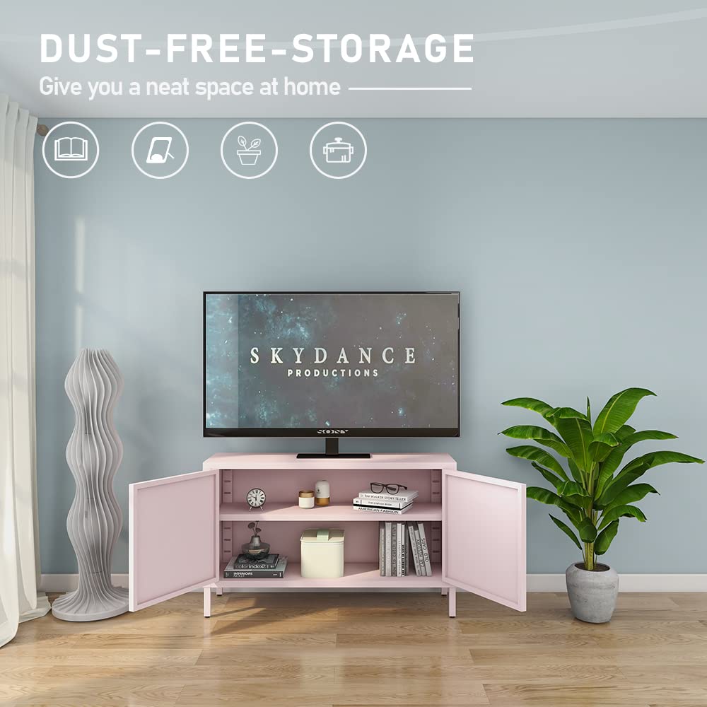 LINGZOE 2 Door Steel Storage Cabinet Pink TV Stand for Living Room,Metal Locker Storage Cabinet for Bedroom Balcony