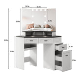 Fameill Corner Vanity Desk with Tri-Fold Mirror and Adjustable Light, Makeup Dressing Table with Power Outlet, 3 Drawers, Sliding Cabinet, Open Shelves, White Vanity Desk for Bedroom, Women, and Girls Fameill