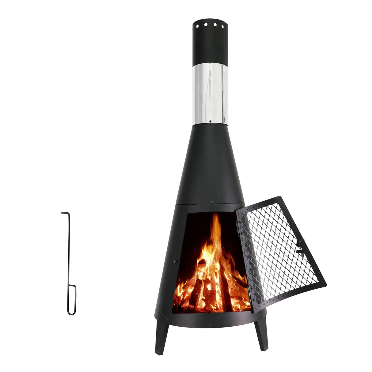 BDL Chiminea Outdoor Fireplace Outdoor Wood Burning Fire Pit Free Standing Fireplace with Log Grate, Mesh Screen for Patio, Backyard, Garden-Black BDL