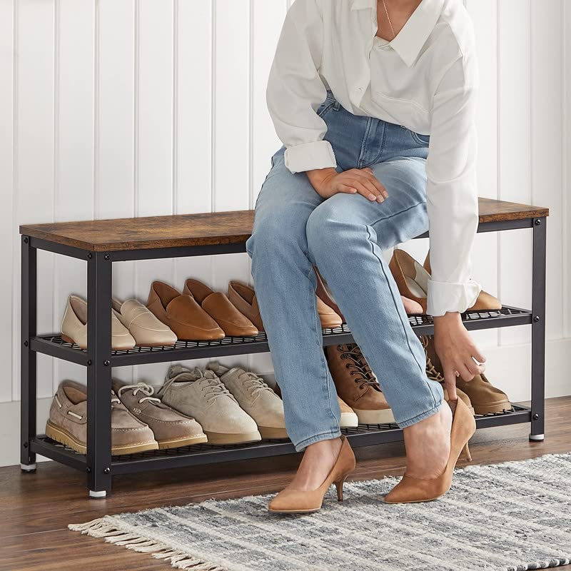 VASAGLE, 3-Tier Shoe Rack, Shelf Storage Bench with Metal Mesh Shelves and Seat, Free Standing Shoe Organizer for Entryway, 11.8 x 39.4 x 17.7 Inches, Rustic Brown and Black ULBS078B01 VASAGLE