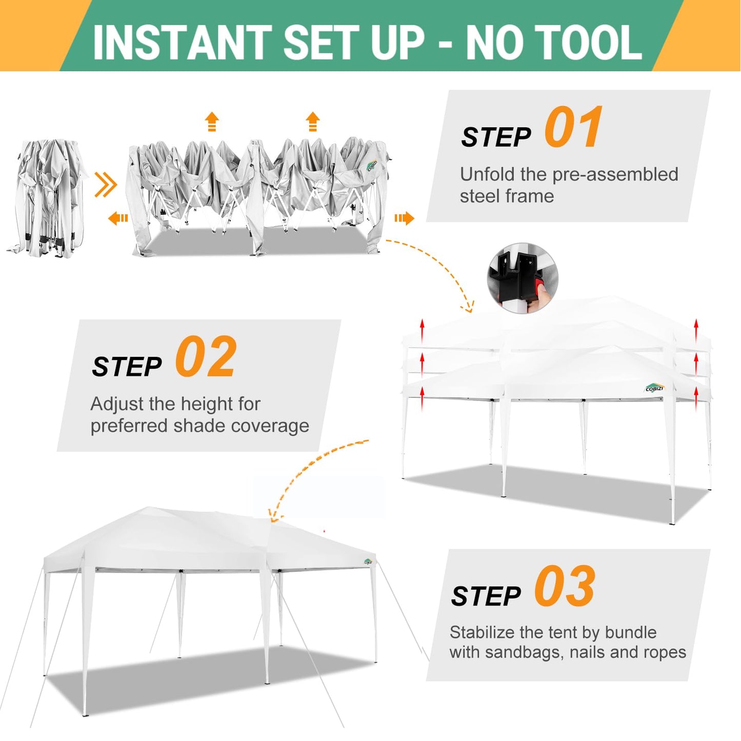 COBIZI 10x20 Pop Up Canopy Tent with 4 Removable Sidewalls, Easy Up Commercial Outdoor Canopy Tent, Waterproof and UV50+ Gazebo with Portable Bag, Tents for Parties/Backyard/Exhibition(10x20ft.