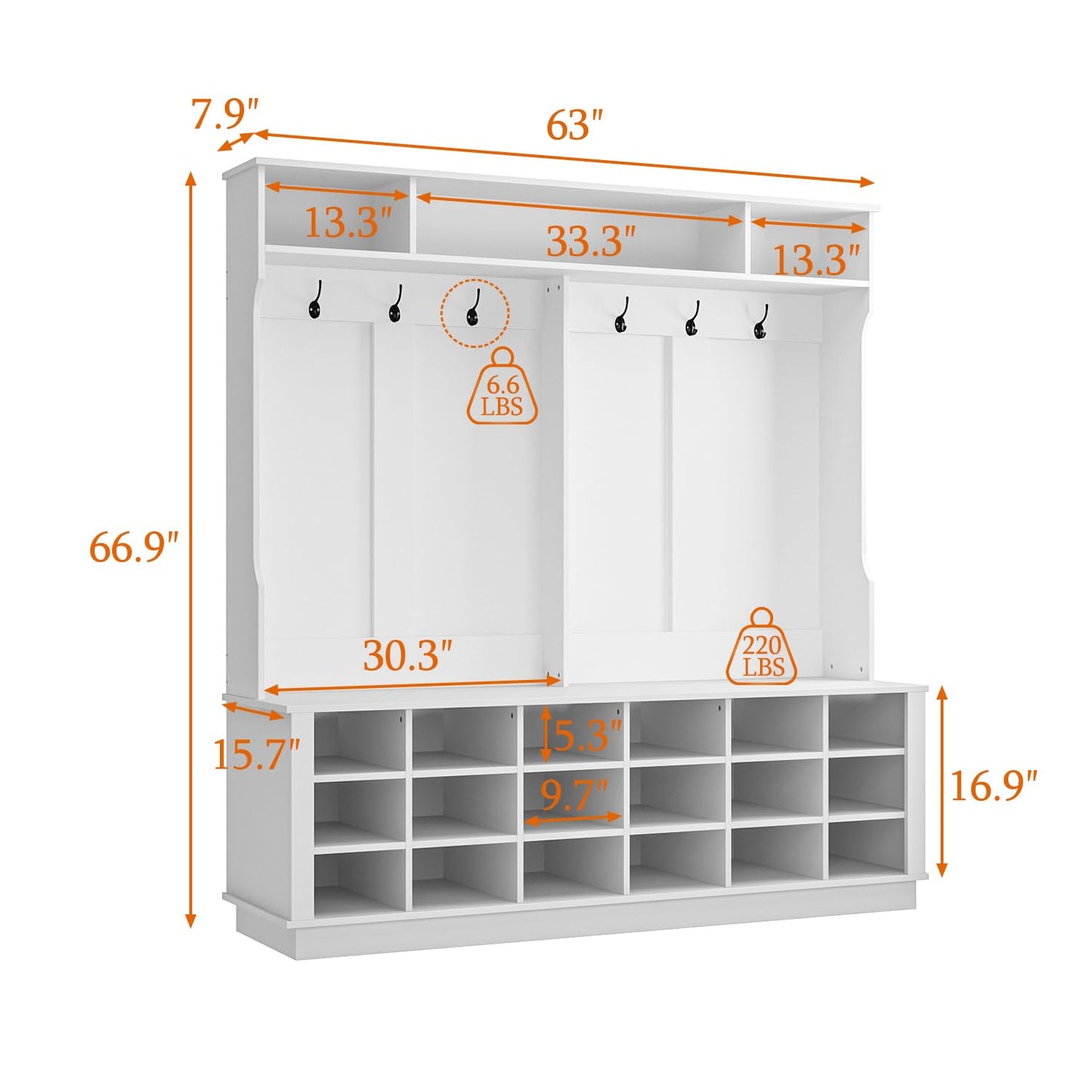 WOODTIME Extra Large Hall Tree with Bench and Shoe Storage, Multi-Purpose Entryway Bench with Coat Rack, Adjustable Shelves, 6 Double Hooks and 21 Open Compartments, White