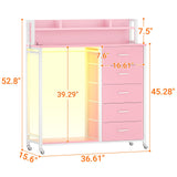 Cyclysio Dresser for Bedroom with Clothes Rack & Shelves, Pink 5 Drawers Dresser with Charging Station & LED Lights, Chest of Drawers with Lockable Wheels, Storage Shelves, Bedroom, Closet,Entryway Cyclysio