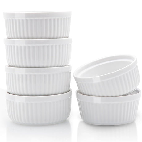 Nuwave Ceramic Ramekins 8 oz, Set of 6, Elegant Classic Style for Baking Souffles, Creme Brulées, Custards, Puddings, 4.3” Wide & 2” Tall, Microwave, Oven & Dishwasher-Safe, Ivory White (6) Nuwave