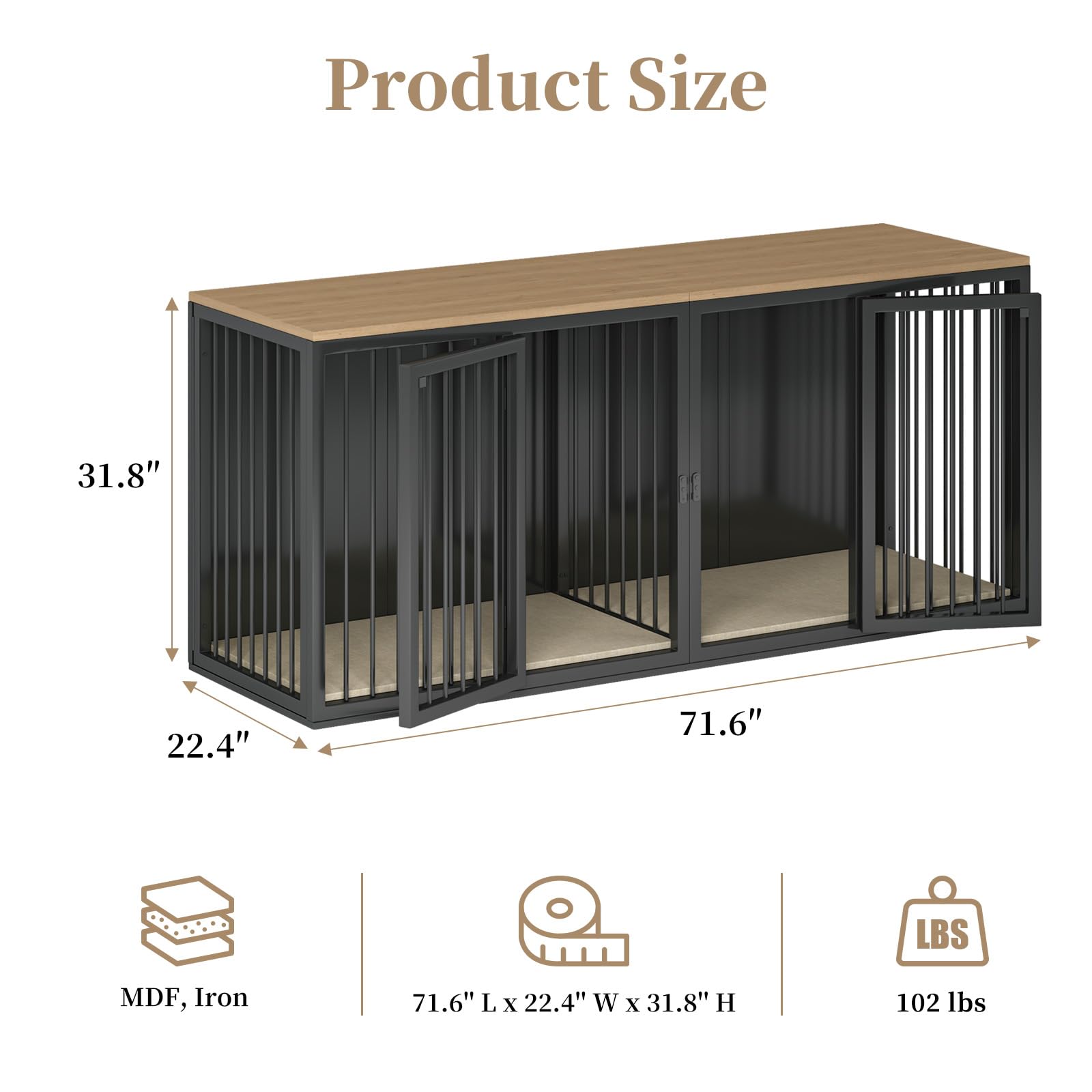 Large Dog Crate Furniture for 2 Dogs, 71.6'' Steel Frame Dog Crate with Double Doors, Heavy Sturdy Dog Kennel for Small Medium Large Dog, Indoor Double Dog Cage (Black) - WoodArtSupply