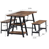 soges 3 Pieces Kitchen Dining Table Set for 4, Breakfast Table Set with 2 Benches, 4-Person Wooden Dinette with Wine Shelf and Glass Holder, Rustic Brown 10CZWKDS04TW140 soges