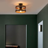 3-Light Rustic Farmhouse Wood Flush Mount Ceiling Light Fixture Oak Wood Round Drum Semi Flush Mount Ceiling Light for Hallway Hall Entry Bedroom Farmhouse Indoor, Black RKUCSR