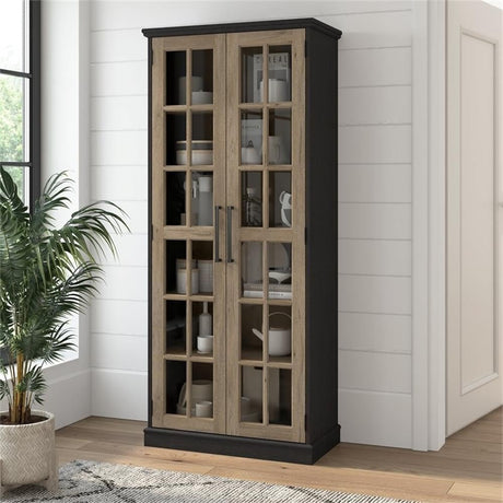 Bush Furniture Westbrook Curio Cabinet with Glass Doors in Vintage Black/Restored Tan Hickory | Tall 5 Shelf Display Case for Living Room or Home Office Bush Business Furniture
