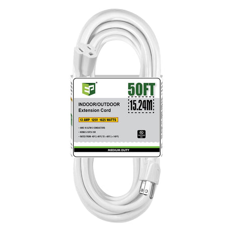 EP 50 Ft Outdoor Extension Cord - 16/3 SJTW White Electrical Cable with 3 Prong Grounded Plug, UL Listed EP