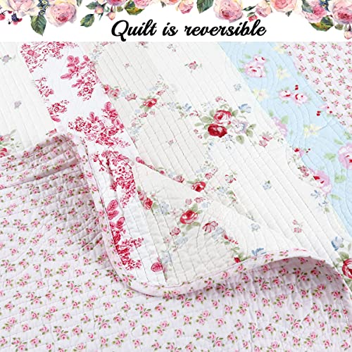 Cozy Line Home Fashions 100% Cotton Real Patchwork Pink Floral Cottage Shabby Chic Reversible Quilt Bedding Set, Bedspread, Coverlet (Wild Rose, King - 3 Piece) Cozy Line Home Fashions