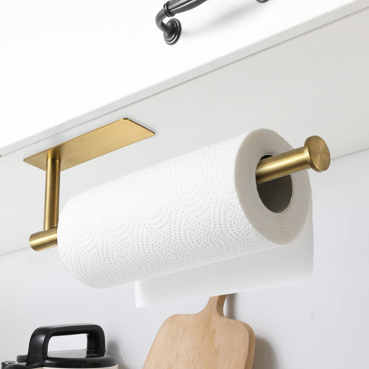 theaoo Gold Paper Towel Holder for Kitchen, Adhesive Under Cabinet Paper Towel Roll Rack for Bathroom Towel, Wall Mounted Matte Black, SUS304 Stainless Steel theaoo