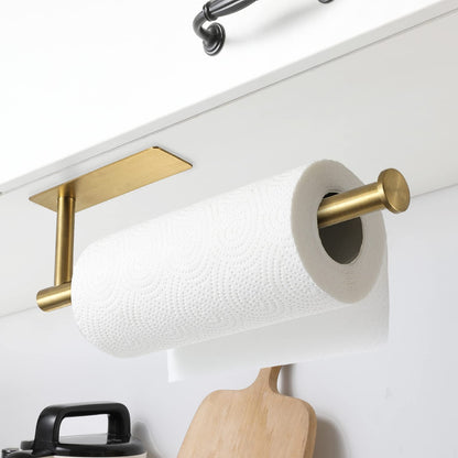 theaoo Gold Paper Towel Holder for Kitchen, Adhesive Under Cabinet Paper Towel Roll Rack for Bathroom Towel, Wall Mounted Matte Black, SUS304 Stainless Steel