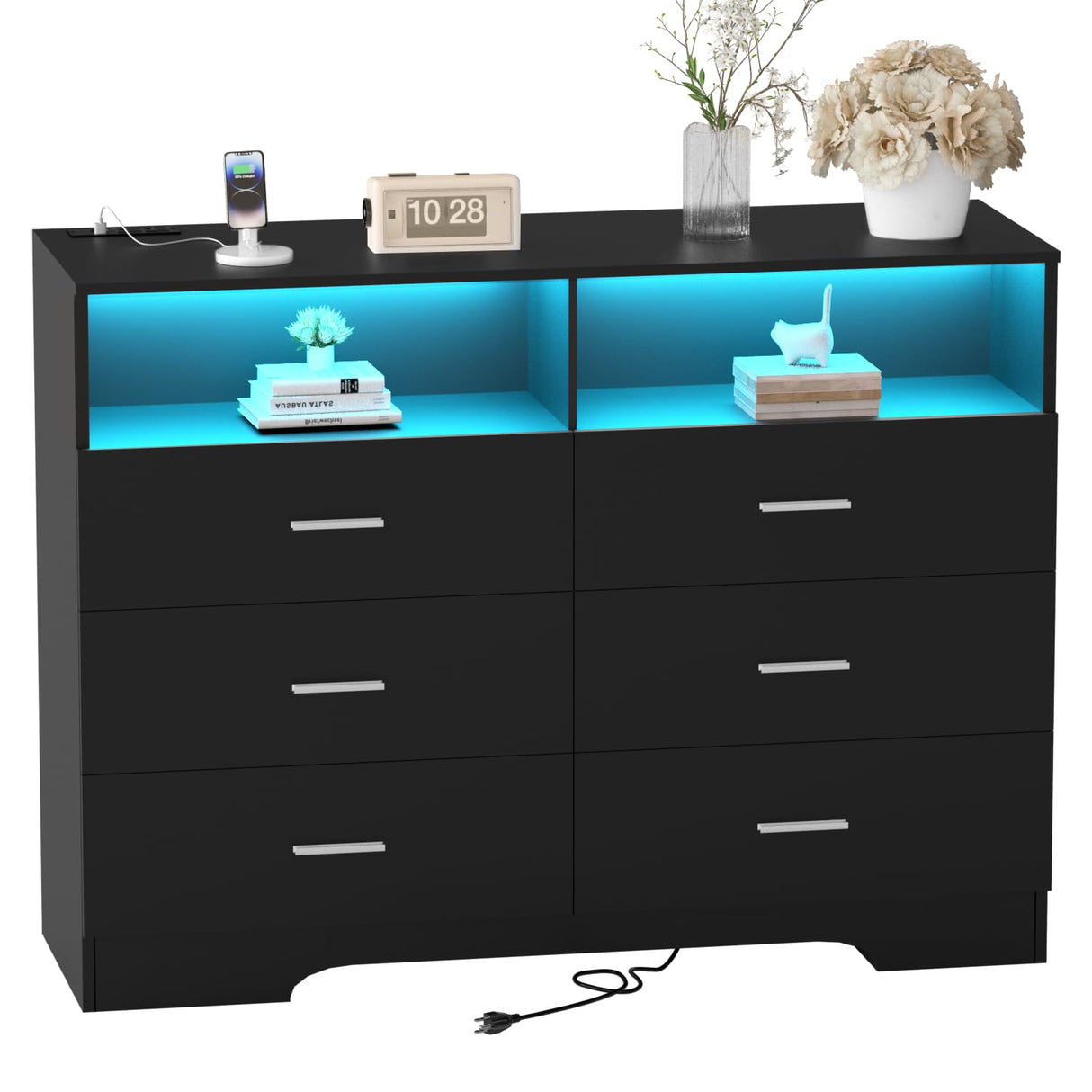 FJTJBSI Dresser with Power Outlets and LED Lights Wooden 6 Drawer Dresser with Large Organizer Tall Black Drawer for Bedroom Modern Chest of Drawers Closet for Living Room Kids Room FJTJBSI