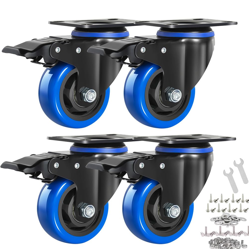 3 Inch Caster Wheels, Casters Set of 4 Heavy Duty with Brake, Safety Dual Locking Casters, No Noise Wheels with Polyurethane Foam, Load 1000LBS (Two Hardware Kits Included)