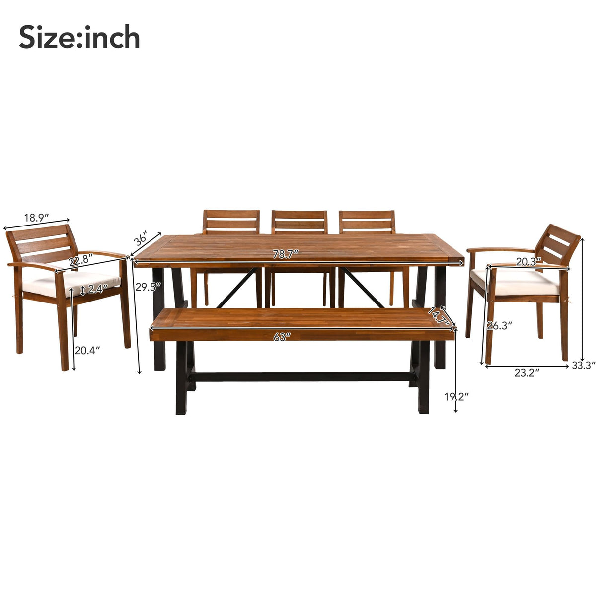 7-Piece Outdoor Dinning Table Set for 7-8, Acacia Wood Patio Table and Chairs Set with Adjustable-Leg & Cushions, Patio Dining Furniture Set for Garden, Balcony, Backyard (Acacia Wood, 7 Piece) GUANGHONG