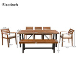 7-Piece Outdoor Dinning Table Set for 7-8, Acacia Wood Patio Table and Chairs Set with Adjustable-Leg & Cushions, Patio Dining Furniture Set for Garden, Balcony, Backyard (Acacia Wood, 7 Piece) GUANGHONG
