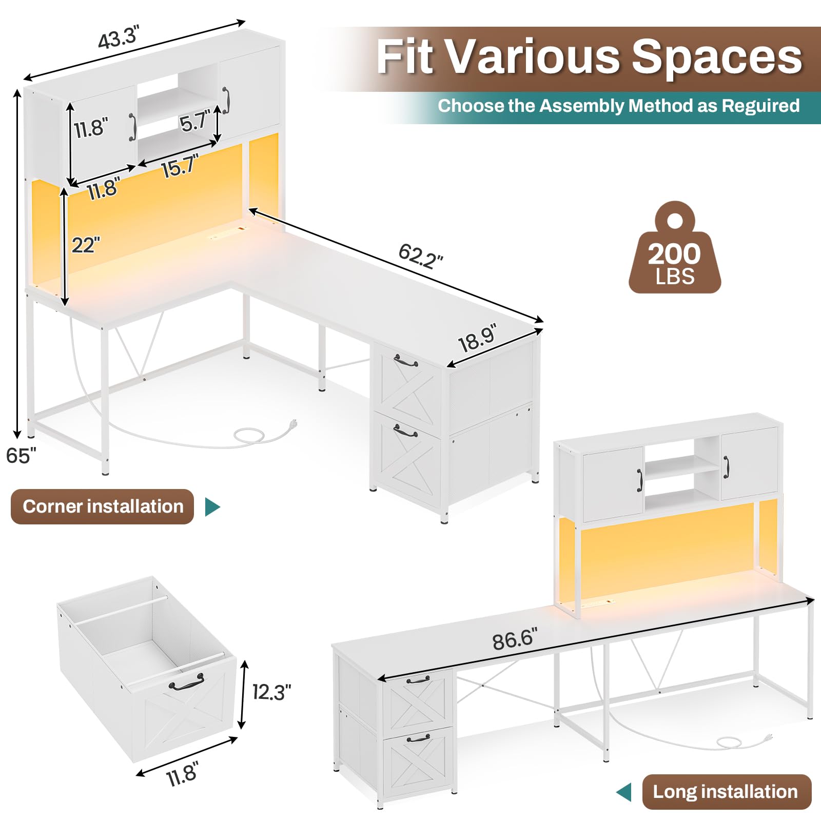 SEDETA White L Shaped Office Desk, Farmhouse Home Office Desk with Fabric File Drawers and Power Outlet, Corner Gaming Desk with LED Lights, Hutch and Storage Shelves - WoodArtSupply