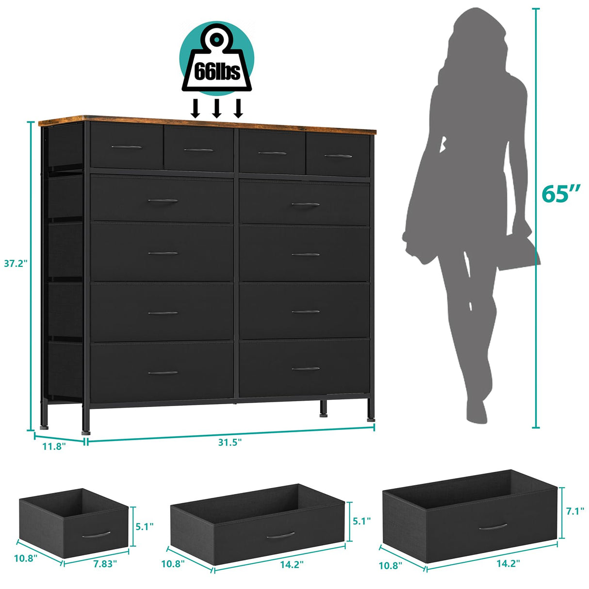 VASICAR Dresser for Bedroom with 12 Drawers, Tall Fabric Drawer Dresser, Compact Chest of Drawers for Closet, Nursery, Bedside, Living Room, Laundry, Entryway, Hallway VASICAR