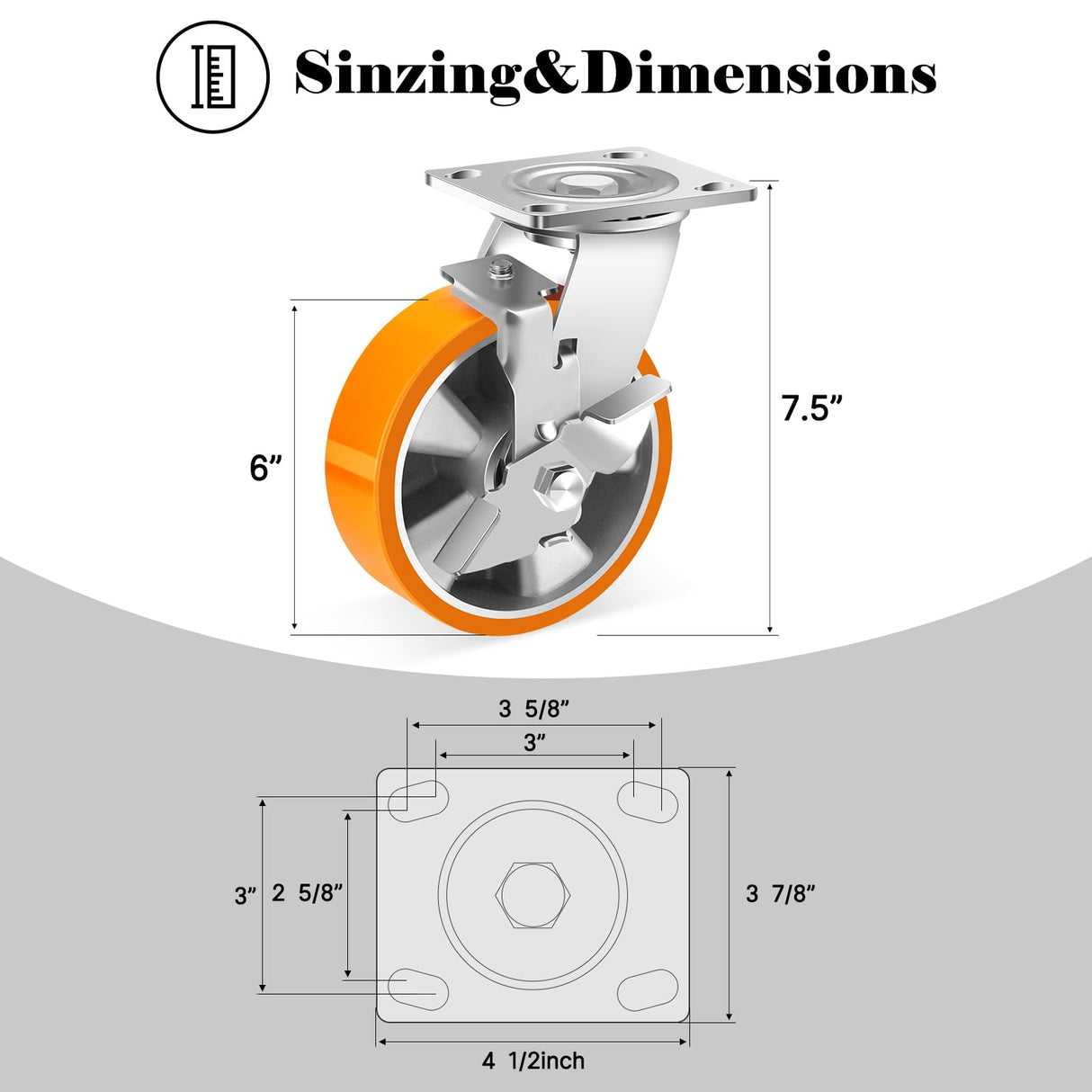 W B D WEIBIDA 6 Inch Industrial Grade Casters Set of 4, Heavy Duty Casters Wheels with Brake 5000 Lbs, Maintenance-Free Polyurethane on Aluminum Wheels, Plate Swivel Casters for Machine, Equipment W B D WEIBIDA
