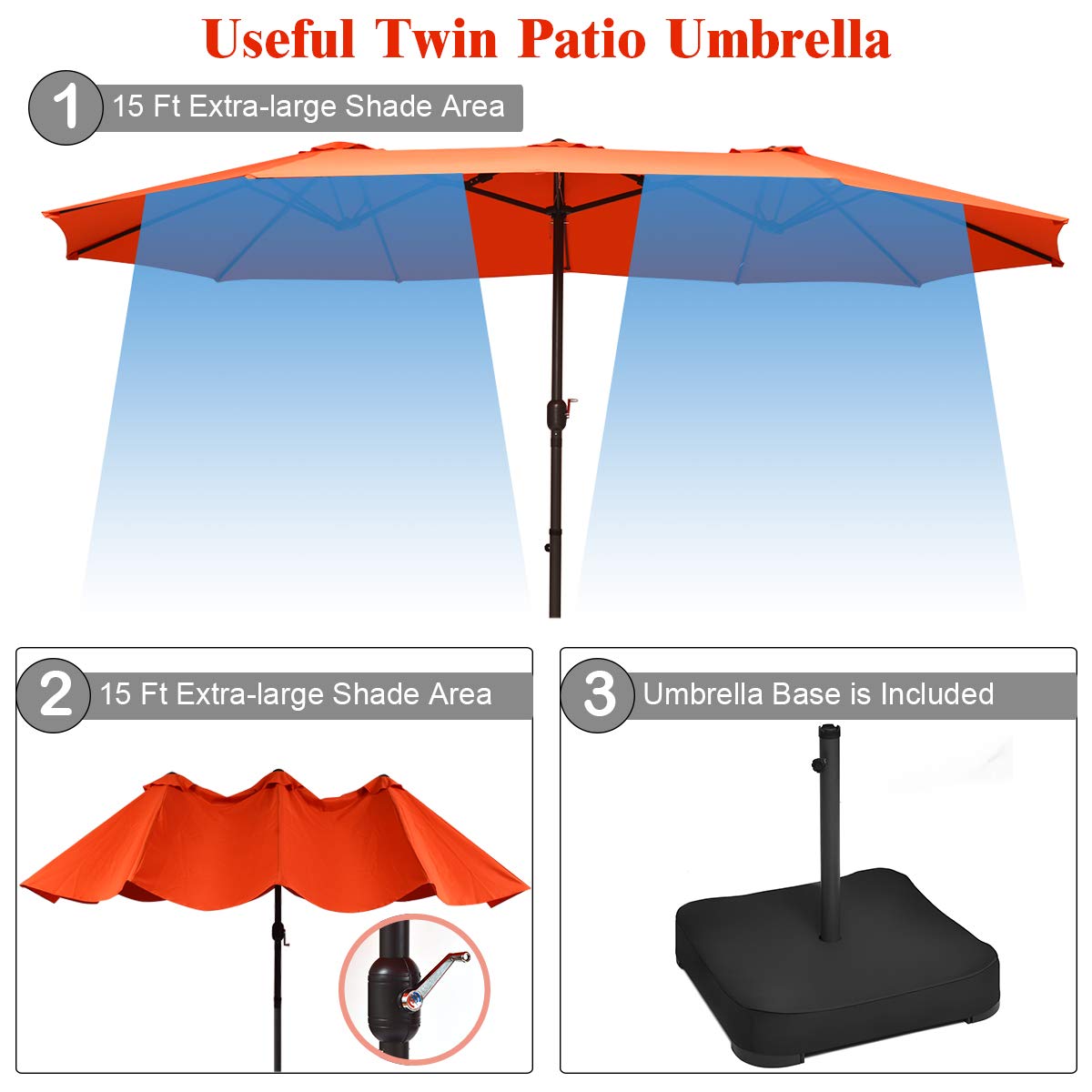 Tangkula 15 Ft Patio Double Sided Umbrella with Base, Extra Large Market Outdoor Twin Table Umbrella with Crank Handle Tangkula