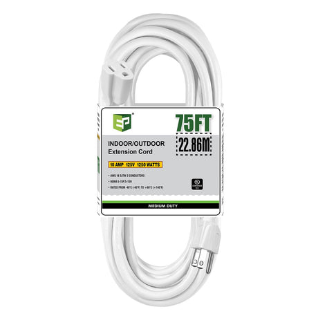 EP 75 Ft Outdoor Extension Cord - 16/3 SJTW White Electrical Cable with 3 Prong Grounded Plug, UL Listed EP