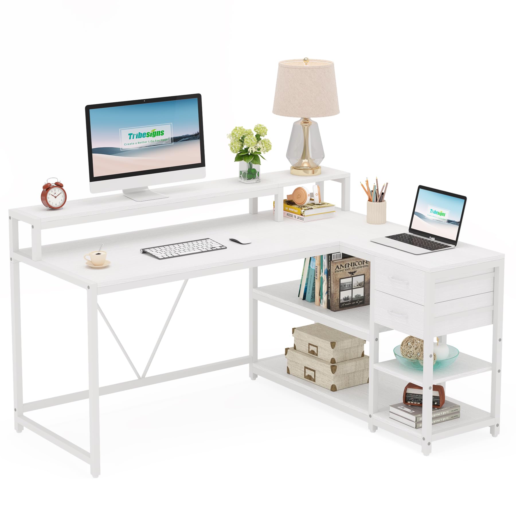 Tribesigns 55-Inch Modern White Reversible L-Shaped Desk with Storage Shelves and Drawers - WoodArtSupply