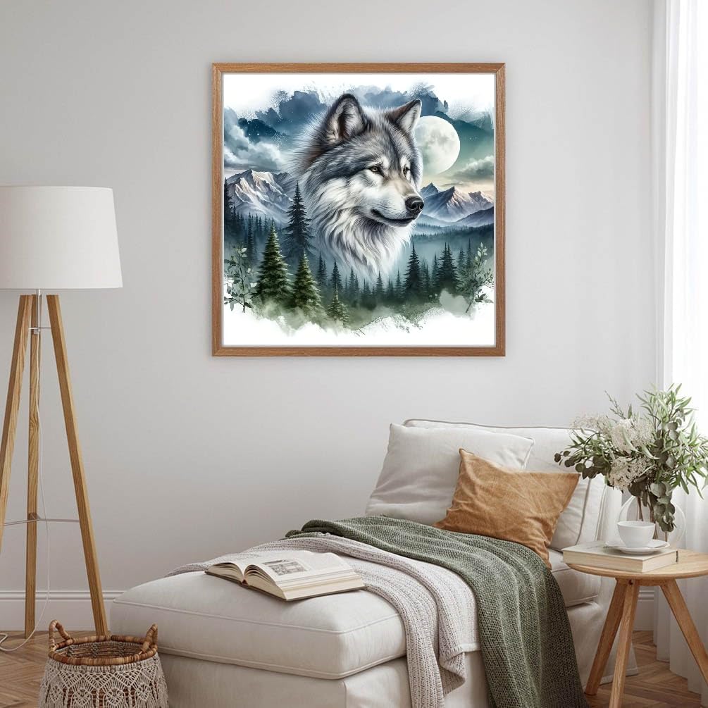 MOMDEDP 5D Forest Wolf Diamond Art Kits for Adults Beginners,DIY Full Round Drill Diamond Painting Kits Moon Wolf Head, Diamonds Dot Gem Art Crystal Mountain Landscape for Home Wall Decor12X12In MOMDEDP