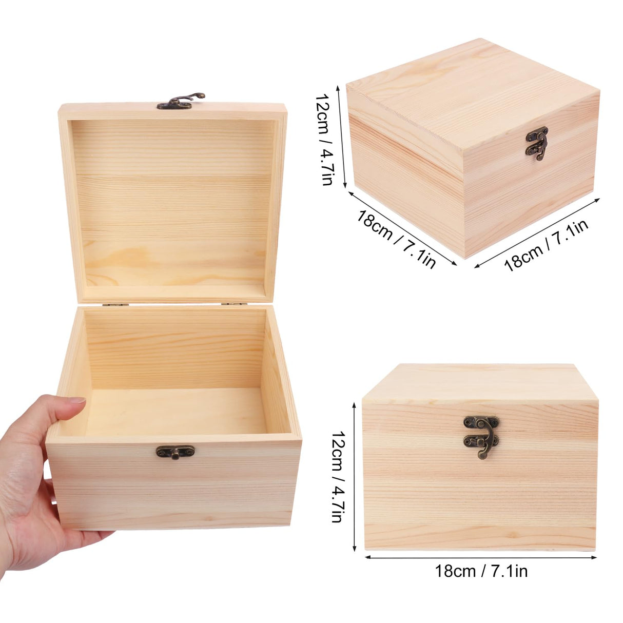 GNIEMCKIN 3 Pack Wooden Box, Unfinished Unpainted Wood Boxes for Crafts, DIY Projects, and Jewelry Storage (7.1x7.1x4.7 inch) GNIEMCKIN