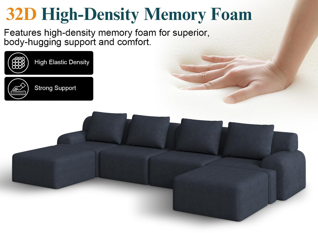 Kalafini 153" Boneless Couches for Living Room, Blue-Grey U-Shaped 6-Seat Sofa Modular Sectional Sofa, Plush Corduroy Sectional Couches, Convertible Oversized Sofa – No Assembly Required Kalafini