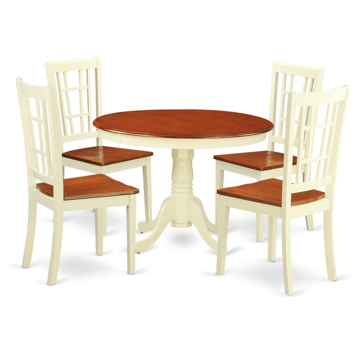 East West Furniture HLNI5-BMK-W 5 Piece Dining Room Furniture Set Includes a Round Dining Table with Pedestal and 4 Wood Seat Chairs, 42x42 Inch, Buttermilk & Cherry - WoodArtSupply