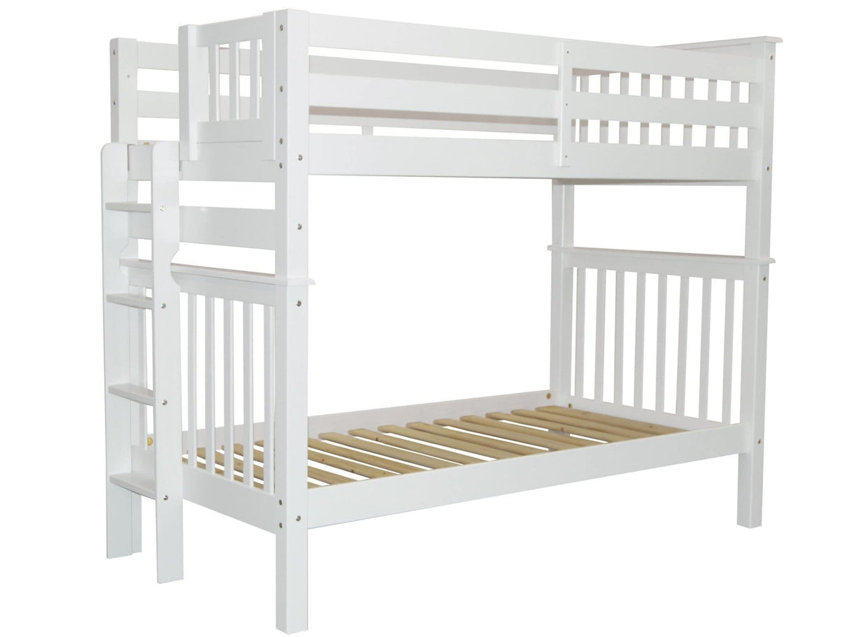 Bedz King Tall Bunk Beds Twin over Twin Mission Style with End Ladder, White Bedz King