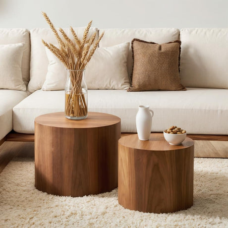 Nesting Coffee Table Set of 2, Modern Round Coffee Table with Non-Slip Feet, Walnut Wooden Circle Accent Tables for Small Spaces Living Room Bedroom Balcony Office Drum Side Table (Walnut) ivoros