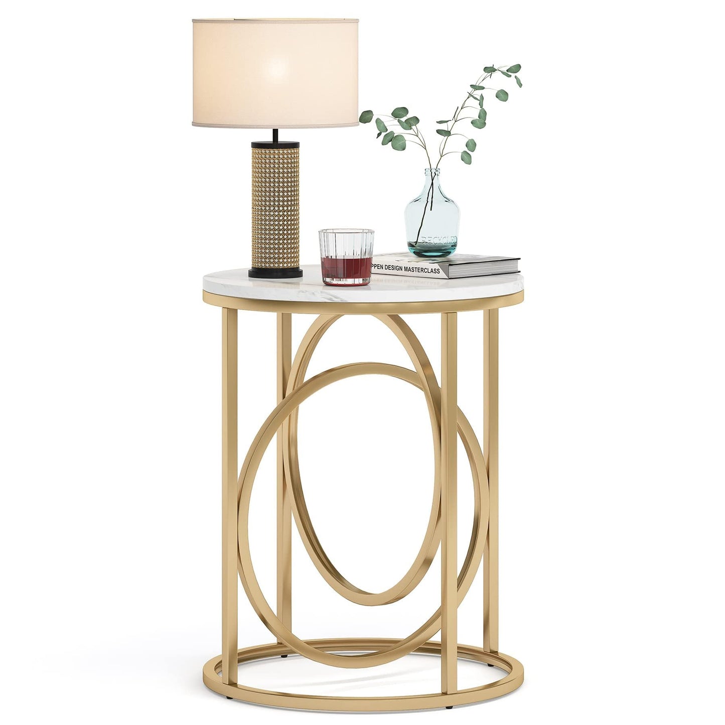 Tribesigns Gold Side Table with Marble Top, 20" Wide End Table, Modern Sofa Table w/O-Shaped Metal Base, Round Gold Accent Table, Narrow Nightstand for Bedroom, Living Room, Small Spaces - WoodArtSupply