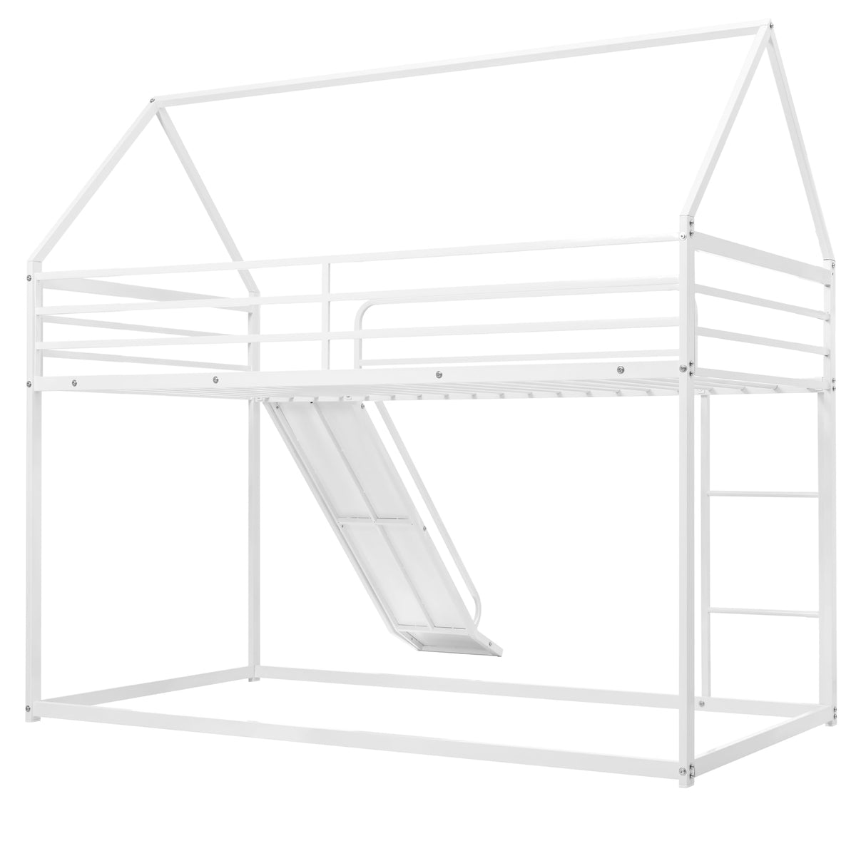 EMKK Metal Bunk Bed with Slide, Low Bunk Bed Twin Over Twin, Junior House Bunk Bed for Girls Boys, Metal Bunkbeds with Safety Guardrail & Ladder, No Box Spring Needed, Easy to Assemble, White EMKK
