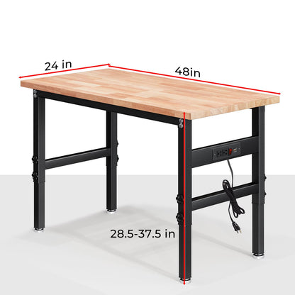 48" Adjustable Work Bench with Power Outlet & Soild Oak Hardwood Top - Heavy-Duty Worktable for Garage, Workshop, Office, Home - 2000 lbs Capacity - WoodArtSupply